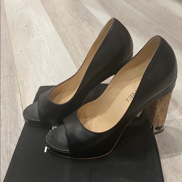 CHANEL BLACK LEATHER PEEP TOE PLATFORM C - Picture 1 of 8